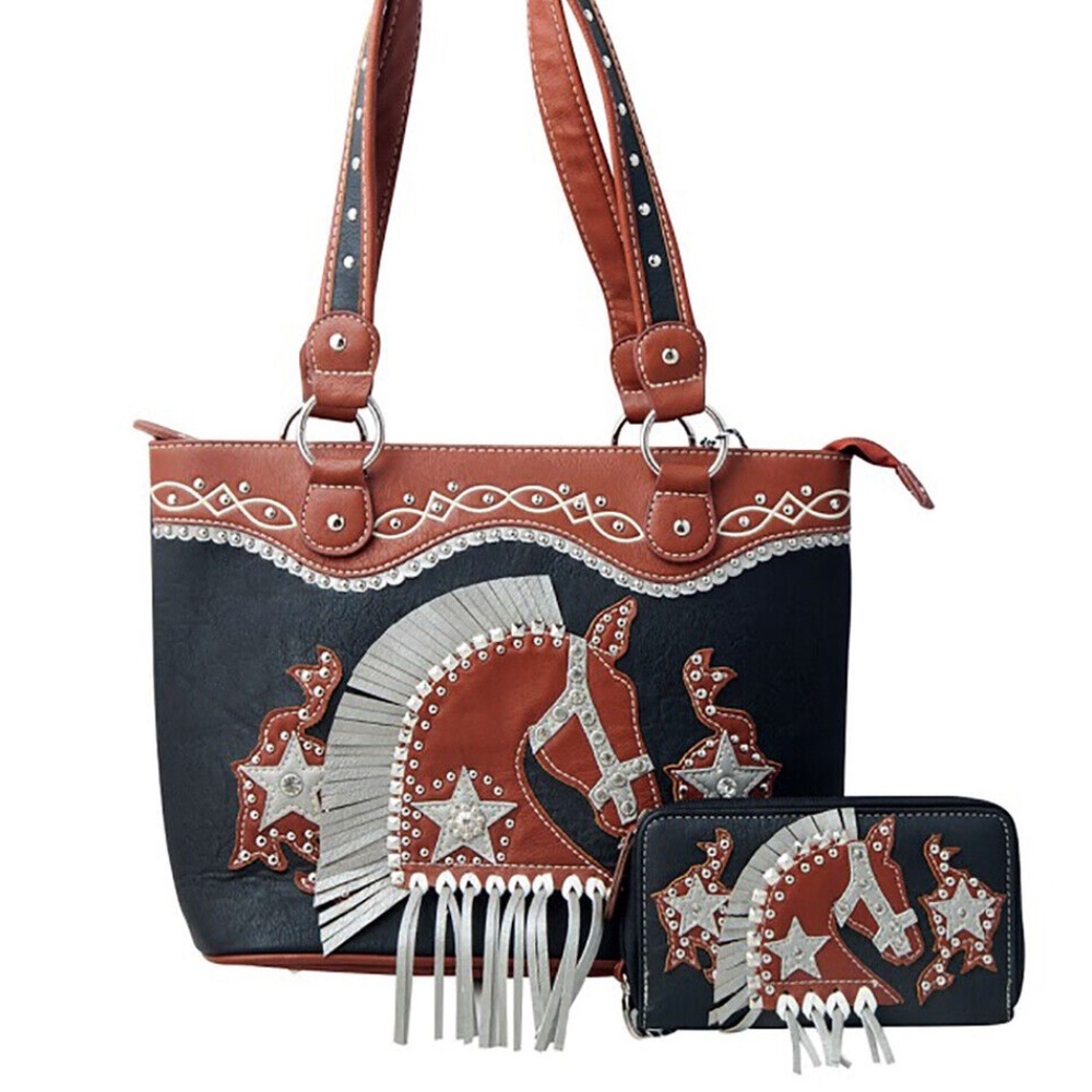 Horse Purse Fringe Handbag Tote Western Carry Conceal Cowgirl Wallet Set